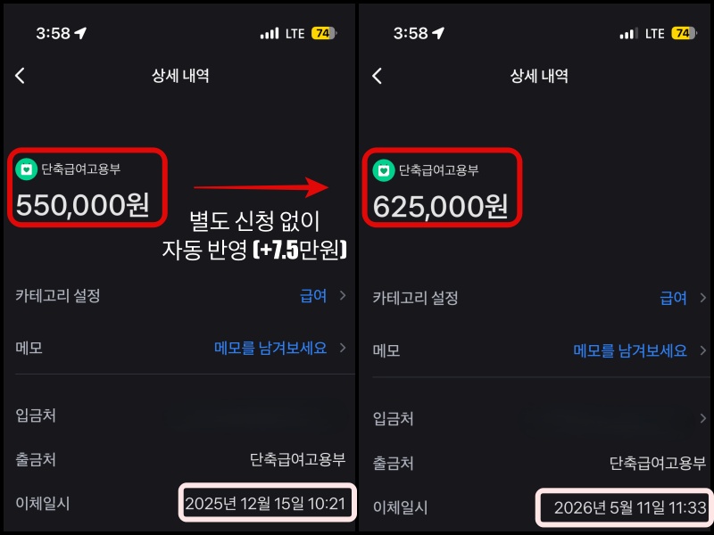 2026년 육아기 근로시간 단축급여 인상 전후 통장 입금 내역 비교