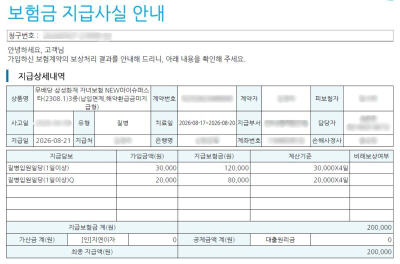 아기 폐렴 입원비 삼성화재 자녀보험 NEW마이슈퍼스타 입원일당 20만원 지급 내역